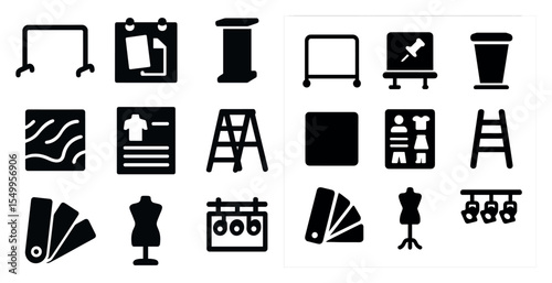 Fashion and retail solid icons set – filled, shopping, clothing display symbols