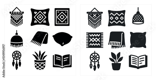 Bohemian home decor silhouette icons set – modern, solid, rustic and chic symbols
