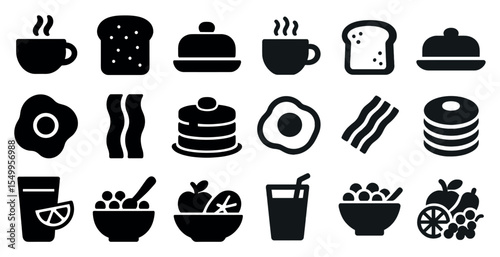 Breakfast food icons set – solid, filled, meal and dining symbols