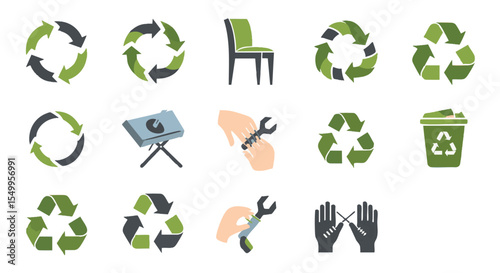 Vibrant Green And Grey Icons For Recycling, Repair, And Environmental Sustainability Solutions