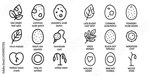 Plant disease outline icons set – linear, silhouette, agricultural and garden symptoms