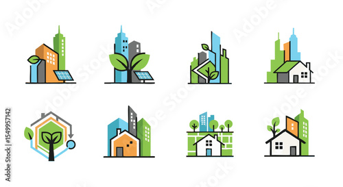 Sustainable Urban Living and Eco-Friendly Architecture Vector Icons Collection for Green Cities