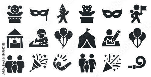 Circus and carnival solid icons set – filled, festival, entertainment symbols