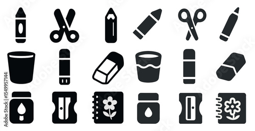 Arts and crafts solid icons set – filled, outline, design and creativity symbols