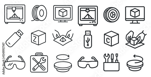 3d printing icons set – outline, linear, additive manufacturing and tech symbols
