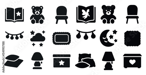 Nursery and kids room silhouette icons set – furniture, decor, playful symbols
