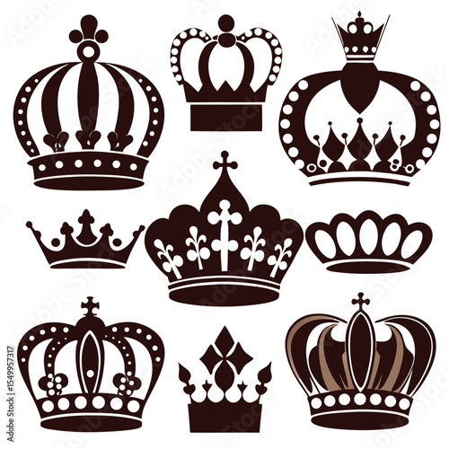 Golden retro crown icons vector set for royal heraldic king and queen emblems
