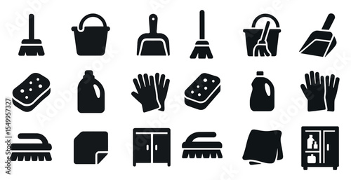 Cleaning and hygiene solid icons set – flat, filled, sanitation and tools symbols