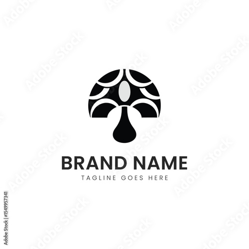 Stylized black mushroom logo design featuring geometric patterns, infused with a touch of creativity and modern aesthetics.