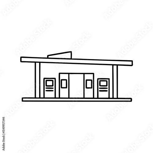 Outline drawing of a minimalist gas station with pumps  