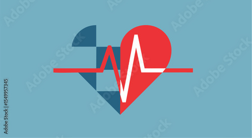 Vibrant Abstract Heart Symbol with ECG Wave and Geometric Elements on Blue Background
