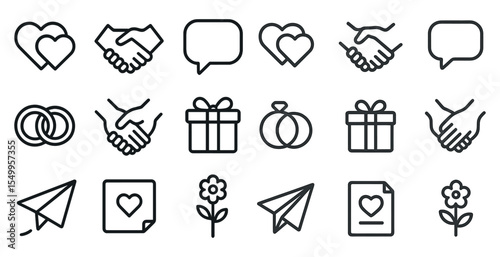 Wedding and romance outline icons set – linear, silhouette, love and marriage symbols