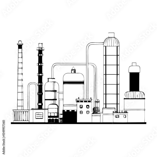 Industrial factory building with smokestacks and storage tanks  