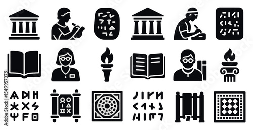 Ancient history silhouette icons set – solid, filled, archaeology and historical symbols