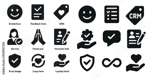Customer service solid icons set – feedback, crm, loyalty symbols