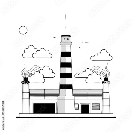 Industrial power plant with smokestacks and clouds in line art  