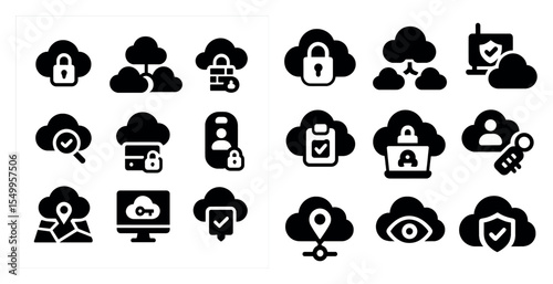 Cloud security solid icons set – silhouette, data protection, secure technology symbols