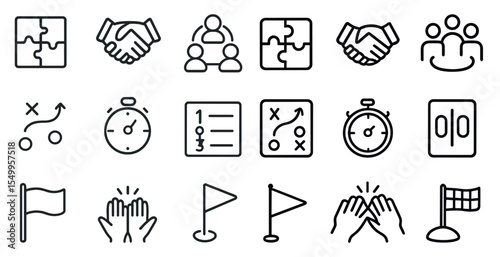 Team building outline icons set – linear, collaboration, group activity symbols