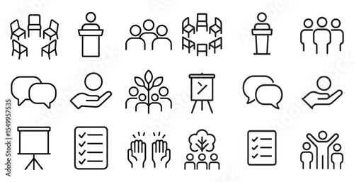Meeting and collaboration linear icons set – workplace, teamwork, communication symbols