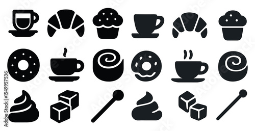 Cafe and bakery icons set – solid, filled, dessert and pastry graphics