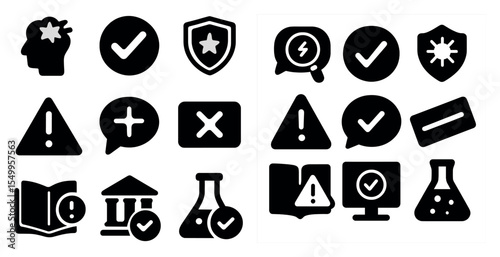 Security and alert solid icons set – filled, silhouette, notification symbols