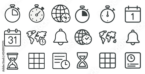 Time management outline icons set – clocks, calendars, schedule symbols