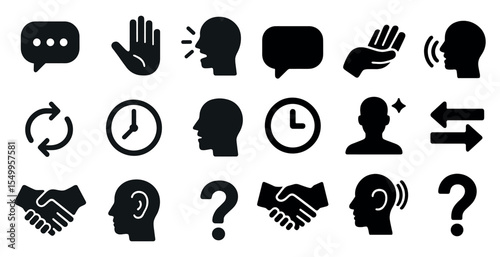 Communication and interaction icons set – solid, silhouette, conversation symbols