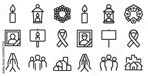 Memorial and remembrance line icons set – outline, tribute, ceremony symbols
