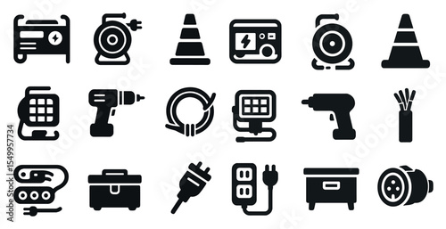 Electrical tools and equipment solid icons set – flat, filled, power and utility symbols