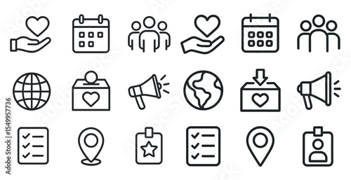 Charity and community outline icons set – linear, philanthropy, donation symbols