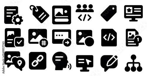 Web and app development solid icons set – filled, coding, programming symbols