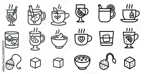 Hot beverage outline icons set – line, steaming coffee and tea cup symbols