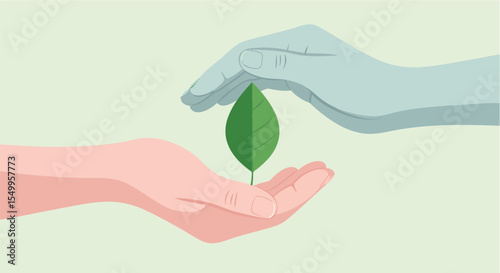 Gentle Hands Safeguarding a Young Green Leaf, Embodying Environmental Protection, Growth, and Harmony