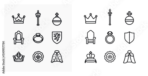 Royalty and heritage icons set – outline, linear, monarchy and nobility symbols