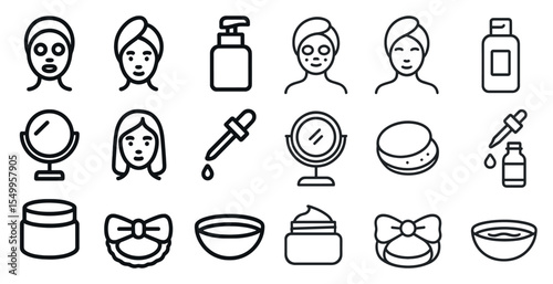 Beauty and skincare outline icons set – cosmetics, wellness, and facial care symbols