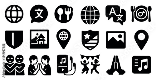 International language filled icons set – solid, multilingual, communication symbols
