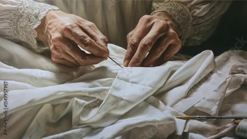 Detailed depiction of hands sewing fine white fabric with meticulous detail and care