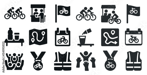 Cycling and biking solid icons set – silhouette, filled, bicycle and race symbols