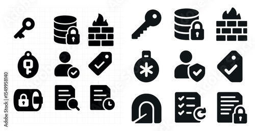 Cybersecurity solid icons set – data protection, secure access, privacy symbols
