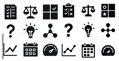 Business and productivity solid icons set – filled, symbols, management tools