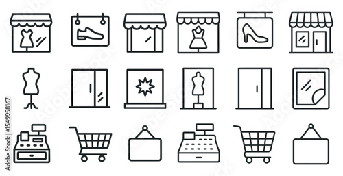 Retail and shopping icons set – outline, line, store and commerce symbols