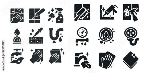 Cleaning and maintenance icons set – solid, care, janitorial symbols collection