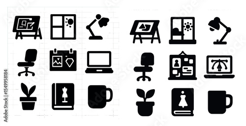 Home office solid icons set – tech, filled, workspace and design tools graphics