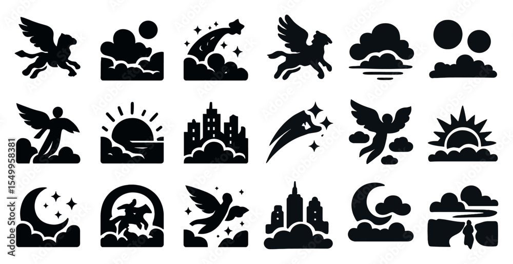Naklejka premium Fantasy and nature silhouette icons set – celestial, mythical, enchanted designs