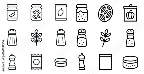 Food and spice outline icons set – linear, line, cooking and seasoning symbols