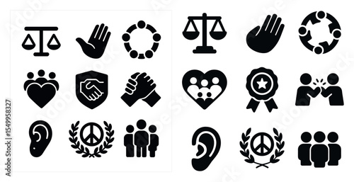 Community and justice solid icons set – filled, social, equality symbols