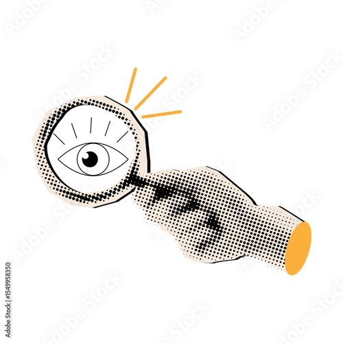 Hand holding magnifying glass with eye in halftone style,collage elements cut out from magazine