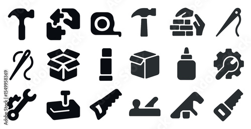 Construction and tools solid icons set – filled, diy, building essentials
