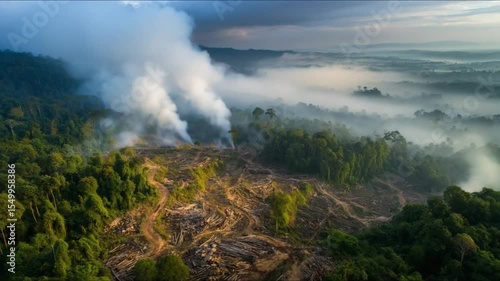 Deforestation and Smoke Haze in a Lush Rainforest Landscape: An Aerial Perspective