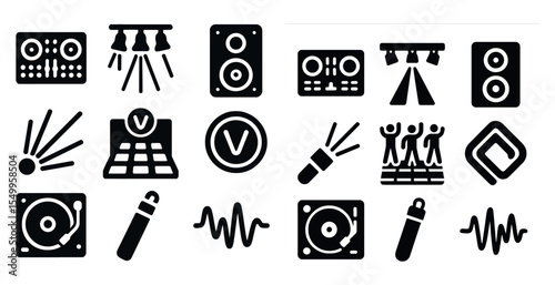 Music and party solid icons set – flat, filled, entertainment and dj equipment symbols